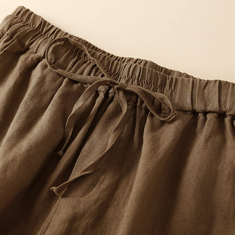 Buddha Stones Plain Color Bottom Hollow Lace Design Lace-up Cotton Linen Women's Shorts With Pockets - image 56