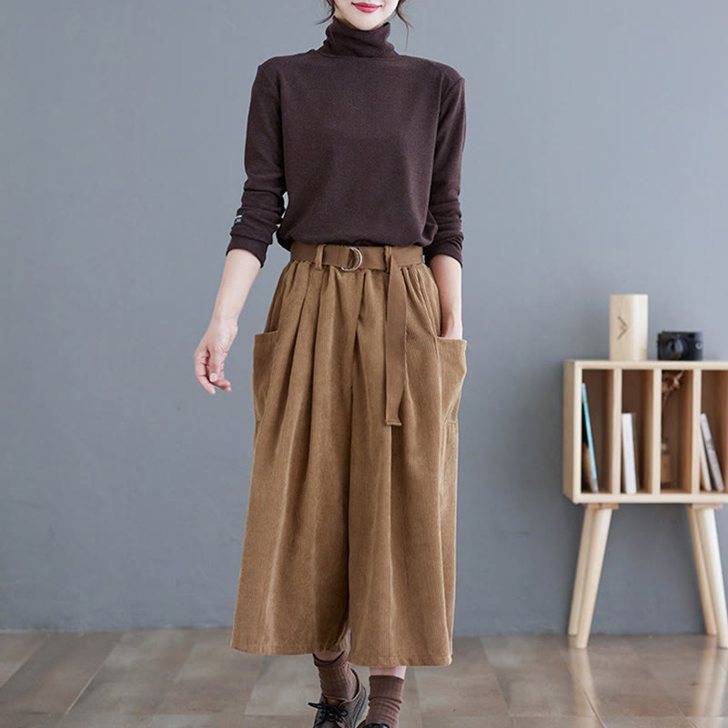 Buddha Stones Retro Women's Wide Leg 7-8 Length Corduroy Pants With Pockets Belt - image 6