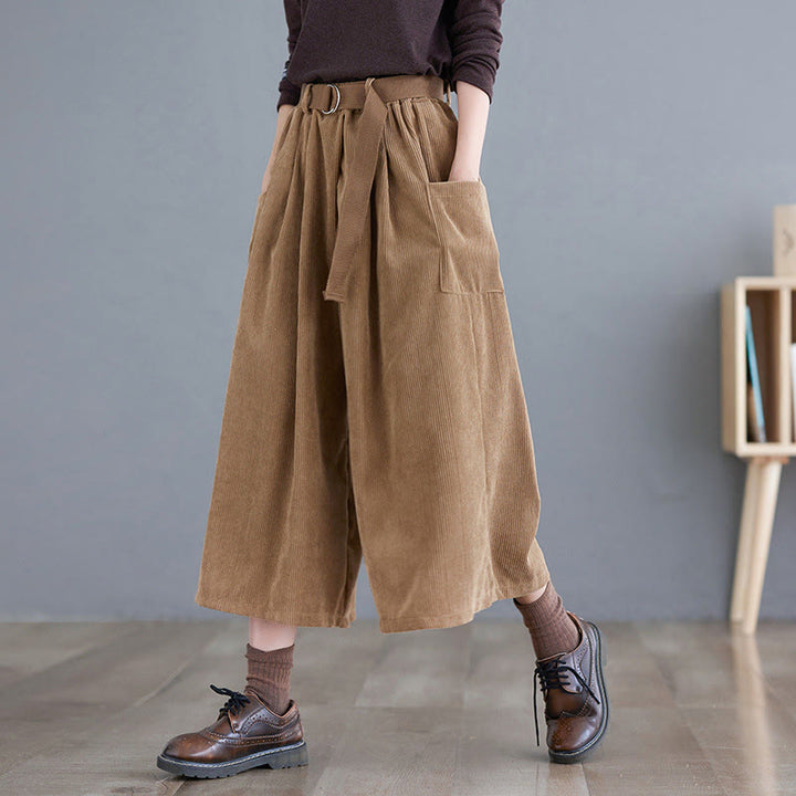 Buddha Stones Retro Women's Wide Leg 7-8 Length Corduroy Pants With Pockets Belt - Goldenrod - US12，UK/AU16，EU44 (2XL) - image 0