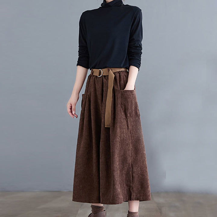 Buddha Stones Retro Women's Wide Leg 7-8 Length Corduroy Pants With Pockets Belt - image 19