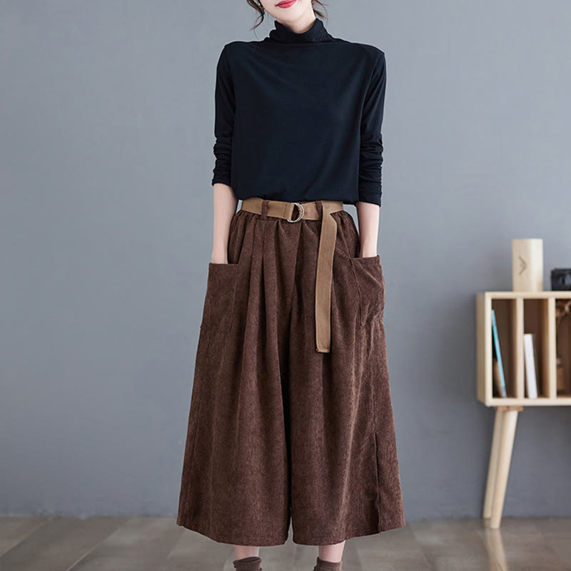 Buddha Stones Retro Women's Wide Leg 7-8 Length Corduroy Pants With Pockets Belt - image 20