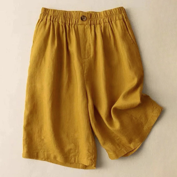 Buddha Stones Summer Casual Plain Zipper Button Cotton Linen Women's Shorts With Pockets - Goldenrod - US8-10，UK/AU12-14，EU40-42 (3XL) - image 3