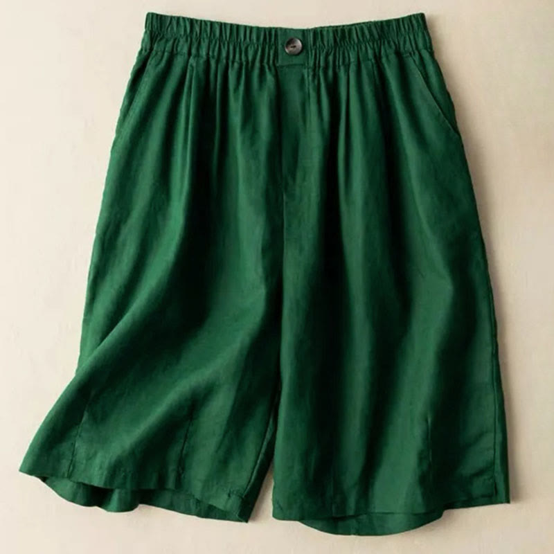 Buddha Stones Summer Casual Plain Zipper Button Cotton Linen Women's Shorts With Pockets - Green - US8-10，UK/AU12-14，EU40-42 (3XL) - image 5