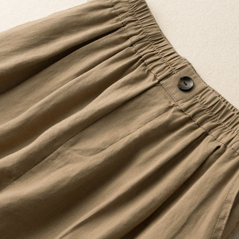 Buddha Stones Summer Casual Plain Zipper Button Cotton Linen Women's Shorts With Pockets - image 1