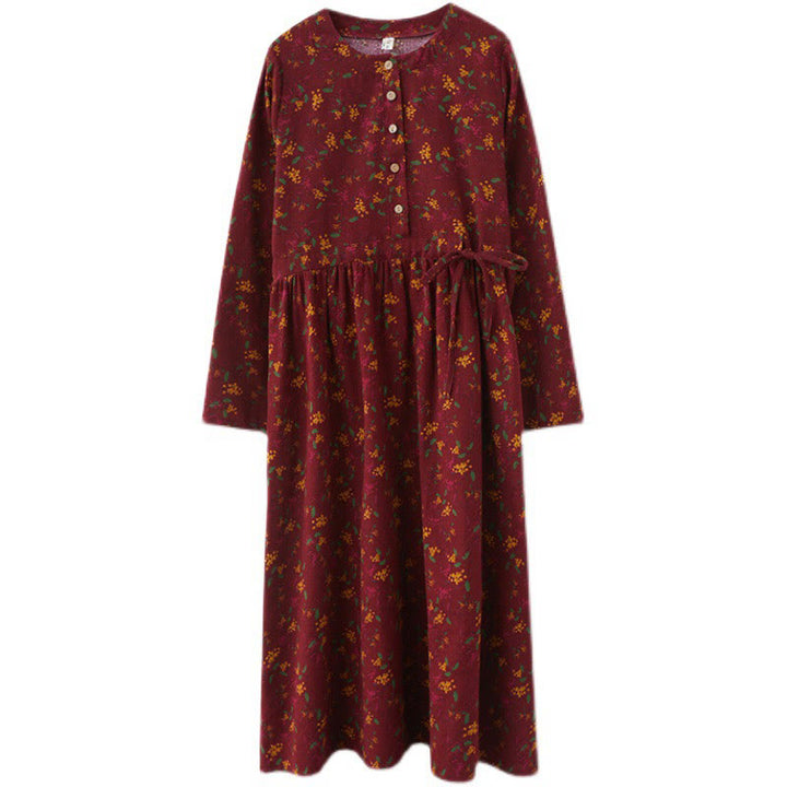 Buddha Stones Ethnic Printing Floral Long Sleeve Buttons Design Midi Dress With Pockets - image 20