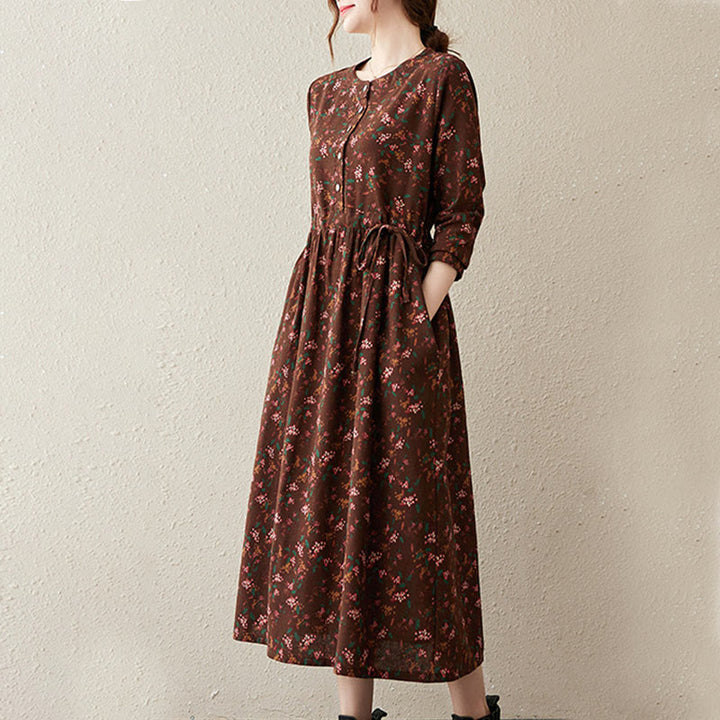 Buddha Stones Ethnic Printing Floral Long Sleeve Buttons Design Midi Dress With Pockets - image 3