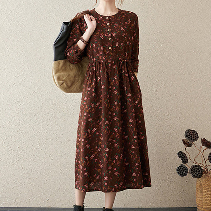 Buddha Stones Ethnic Printing Floral Long Sleeve Buttons Design Midi Dress With Pockets - image 4