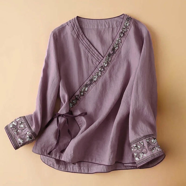 Buddha Stones Casual Embroidered Flowers Slant Collar Strap Long Sleeve Cotton Women's Shirt - Orchid - US8-10，UK/AU12-14，EU40-42 (3XL) - image 6