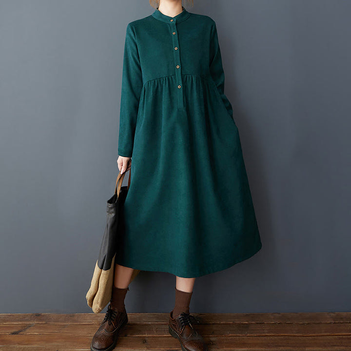 Buddha Stones Plain Buttons Design Thermal Cotton Linen Long Sleeve Midi Dress With Pockets - image 7