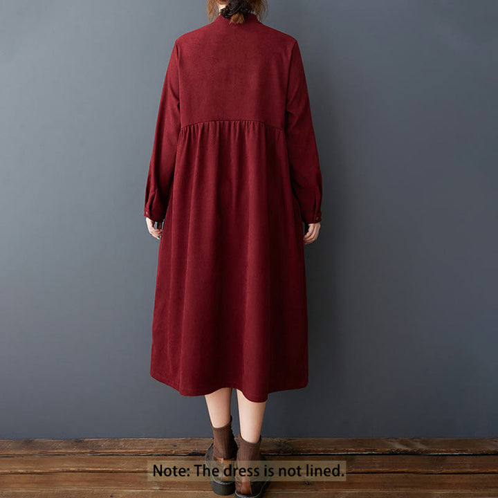 Buddha Stones Plain Buttons Design Thermal Cotton Linen Long Sleeve Midi Dress With Pockets - image 22