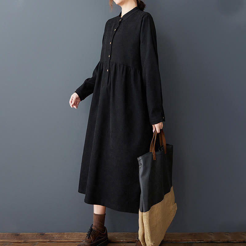 Buddha Stones Plain Buttons Design Thermal Cotton Linen Long Sleeve Midi Dress With Pockets - image 3