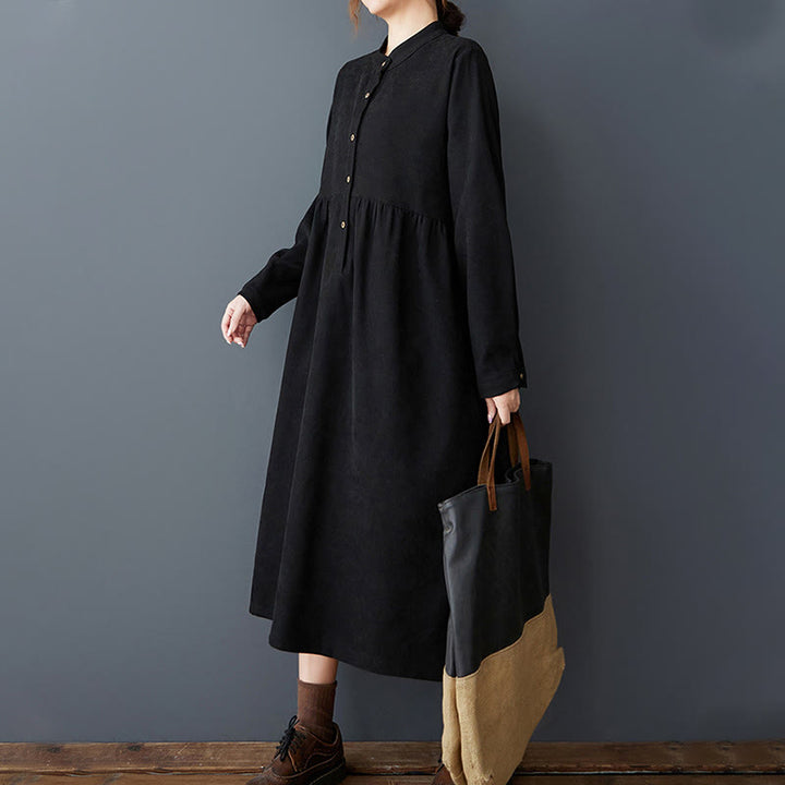 Buddha Stones Plain Buttons Design Thermal Cotton Linen Long Sleeve Midi Dress With Pockets - image 3