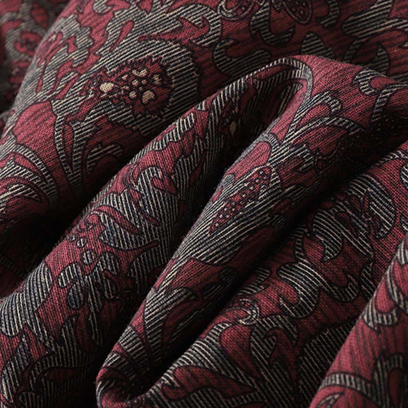 Buddha Stones Brown Printing Floral Pattern Lapel Cotton Linen Long Sleeve Midi Dress With Pockets - image 8