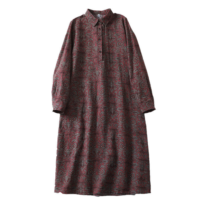 Buddha Stones Brown Printing Floral Pattern Lapel Cotton Linen Long Sleeve Midi Dress With Pockets - image 12
