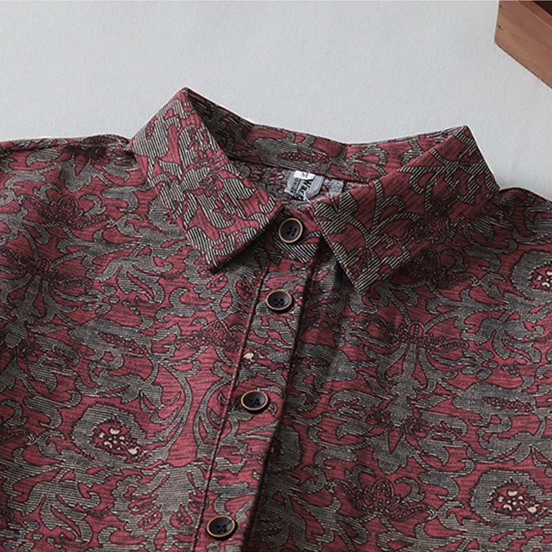 Buddha Stones Brown Printing Floral Pattern Lapel Cotton Linen Long Sleeve Midi Dress With Pockets - image 2