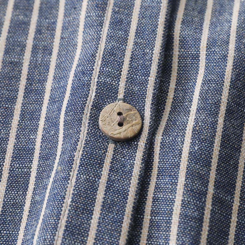 Buddha Stones LightSteelBlue White Striped Long Sleeve Lapel Cotton Linen Midi Dress With Pockets - image 4