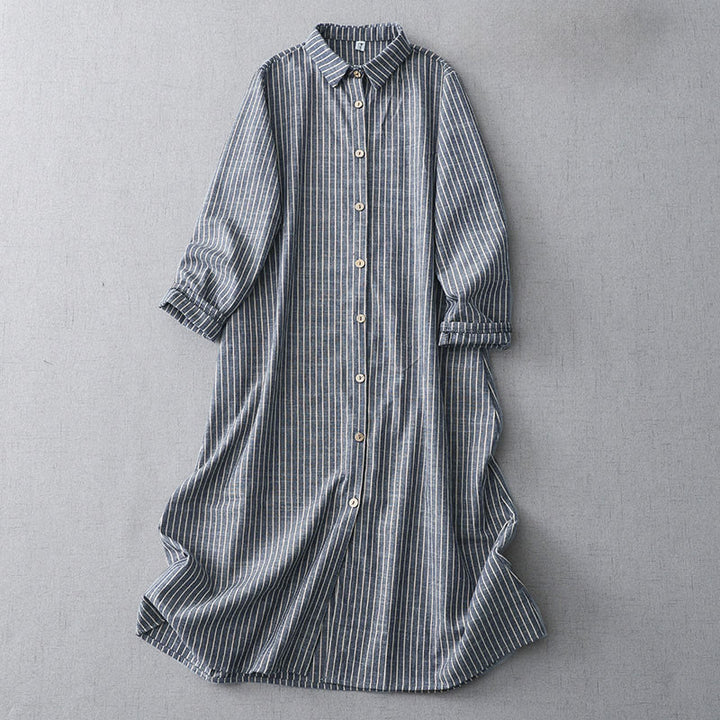 Buddha Stones LightSteelBlue White Striped Long Sleeve Lapel Cotton Linen Midi Dress With Pockets - LightSteelBlue - US8-10，UK/AU12-14，EU40-42 (2XL) - image 1
