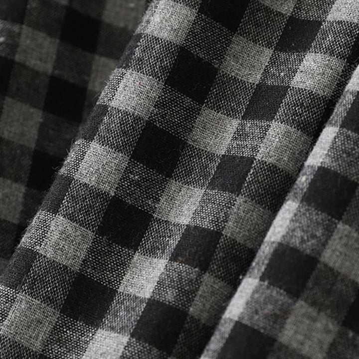 Buddha Stones Black Lace-Up Design Plaid Lapel Long Sleeve Cotton Linen Midi Dress With Pockets - image 6