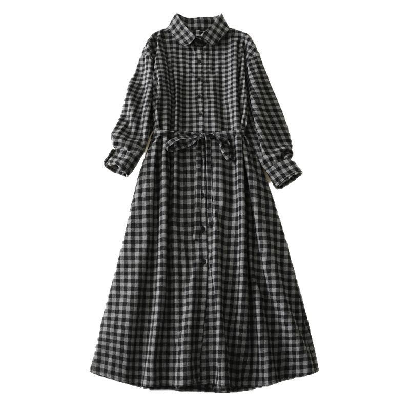 Buddha Stones Black Lace-Up Design Plaid Lapel Long Sleeve Cotton Linen Midi Dress With Pockets - image 11