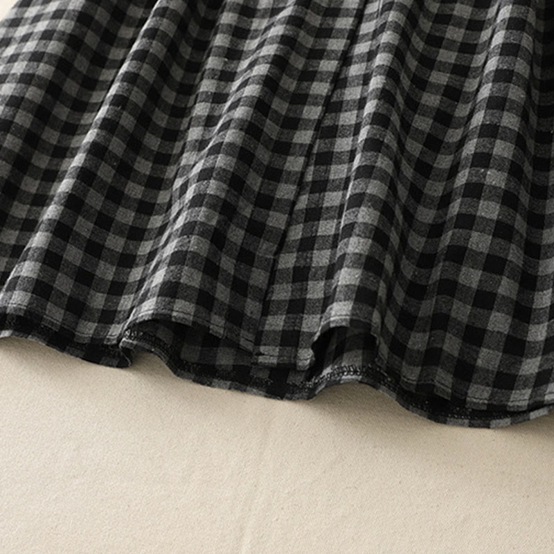 Buddha Stones Black Lace-Up Design Plaid Lapel Long Sleeve Cotton Linen Midi Dress With Pockets - image 10