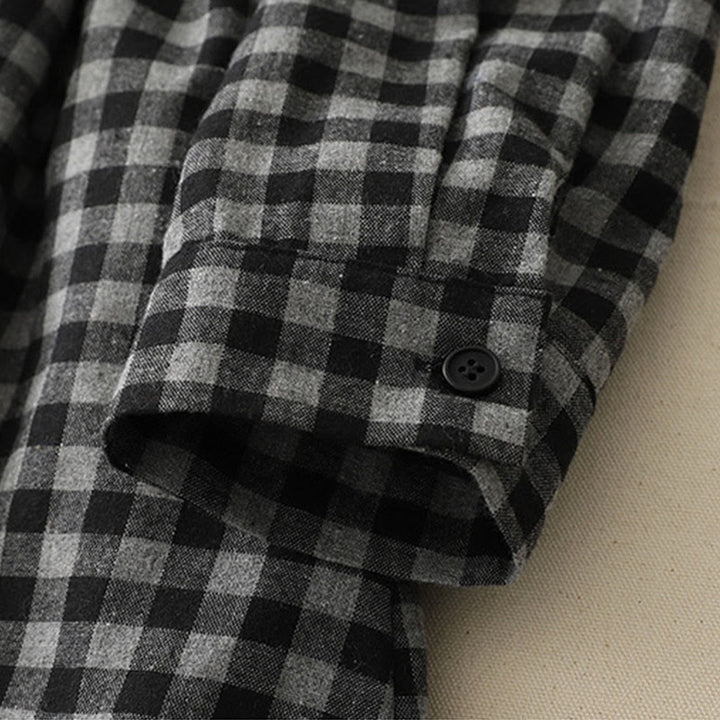 Buddha Stones Black Lace-Up Design Plaid Lapel Long Sleeve Cotton Linen Midi Dress With Pockets - image 9