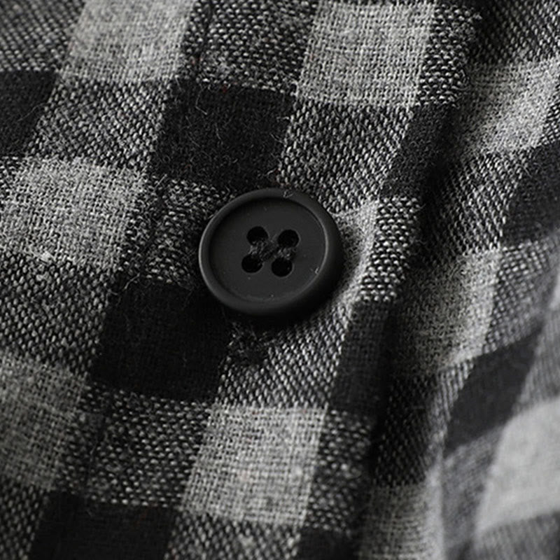 Buddha Stones Black Lace-Up Design Plaid Lapel Long Sleeve Cotton Linen Midi Dress With Pockets - image 5