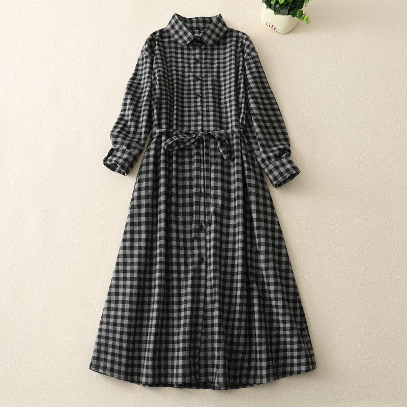 Buddha Stones Black Lace-Up Design Plaid Lapel Long Sleeve Cotton Linen Midi Dress With Pockets - Black - US8-10，UK/AU12-14，EU40-42 (2XL) - image 0