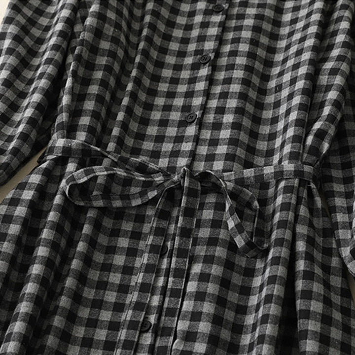 Buddha Stones Black Lace-Up Design Plaid Lapel Long Sleeve Cotton Linen Midi Dress With Pockets - image 4