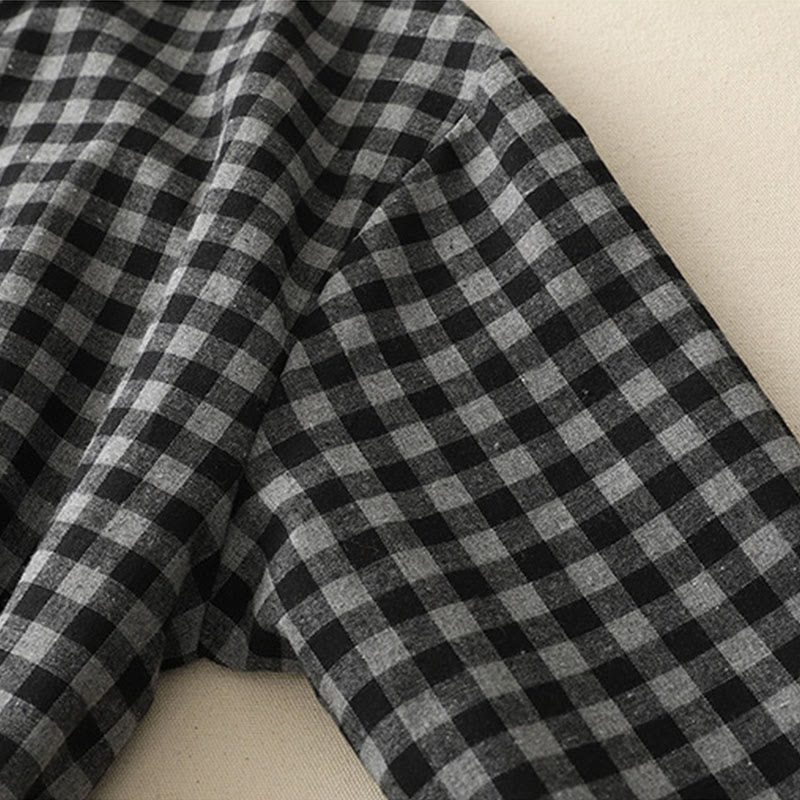 Buddha Stones Black Lace-Up Design Plaid Lapel Long Sleeve Cotton Linen Midi Dress With Pockets - image 8