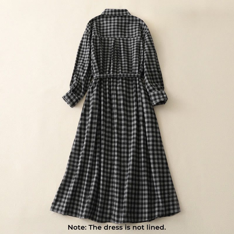 Buddha Stones Black Lace-Up Design Plaid Lapel Long Sleeve Cotton Linen Midi Dress With Pockets - image 1