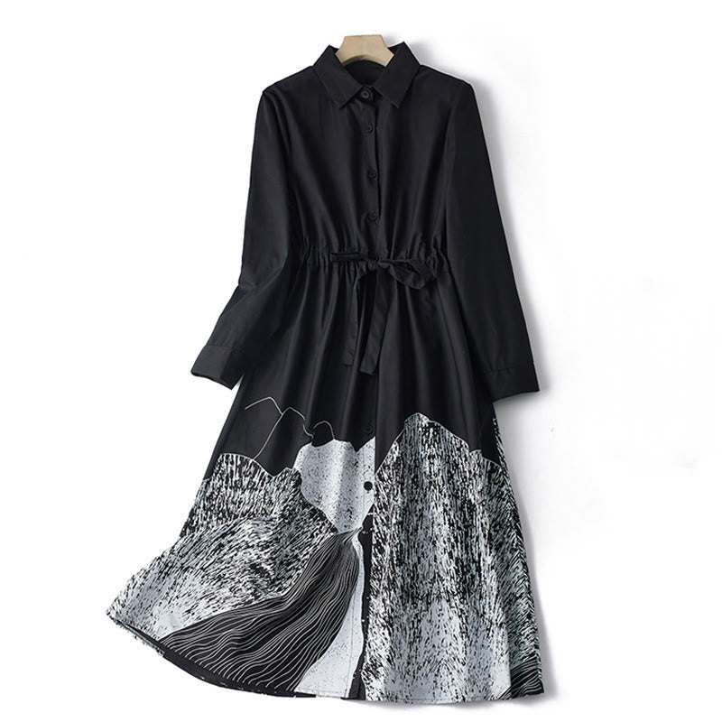 Buddha Stones Printing Irregular Lines Long Sleeve Lace-up Lapel Cotton Midi Dress With Pockets - Black - US8-10，UK/AU12-14，EU40-42 (2XL) - image 0