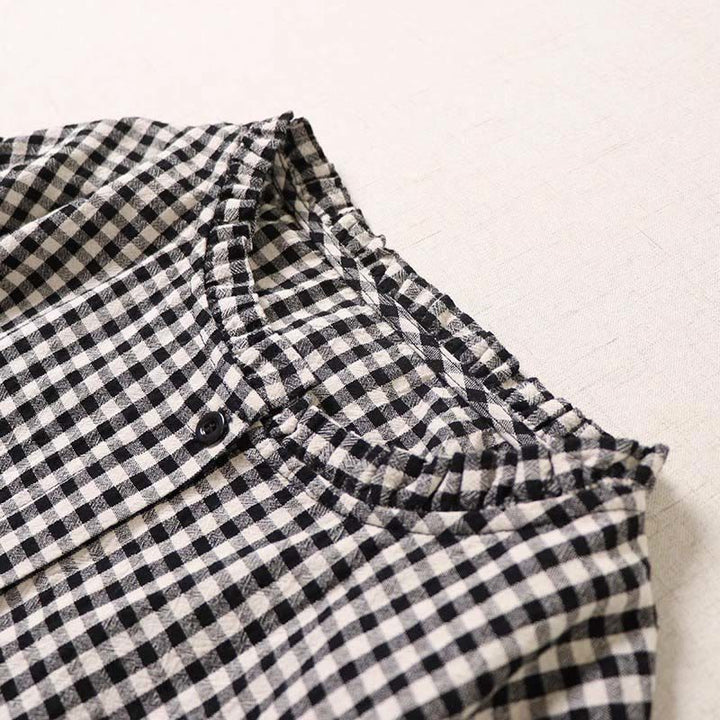 Buddha Stones Long Sleeve Plaid Simple Buttons Ruffled Design Cotton Linen Midi Dress With Pockets - image 11
