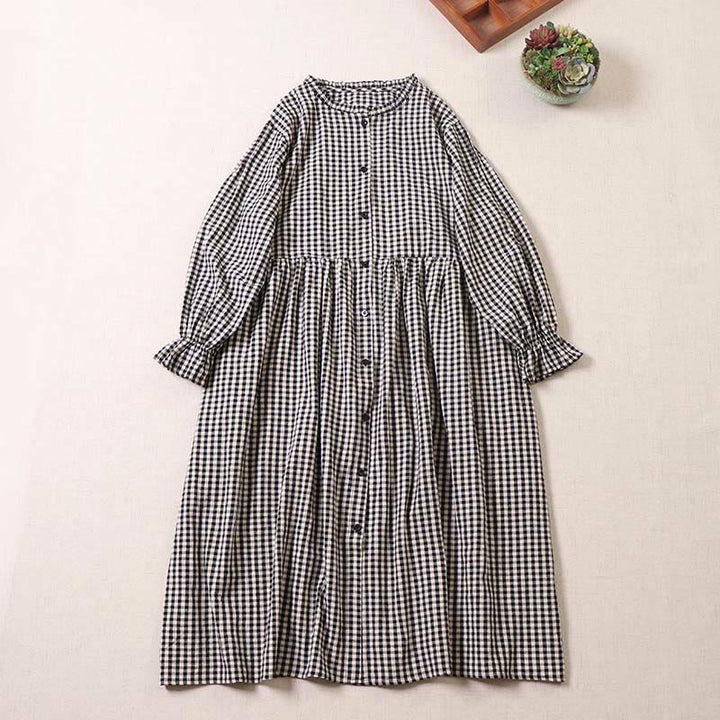 Buddha Stones Long Sleeve Plaid Simple Buttons Ruffled Design Cotton Linen Midi Dress With Pockets - Black White Plaid - US8-10，UK/AU12-14，EU40-42 (2XL) - image 6
