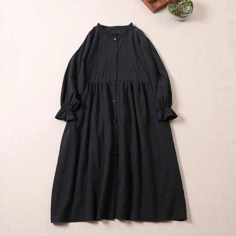Buddha Stones Long Sleeve Plaid Simple Buttons Ruffled Design Cotton Linen Midi Dress With Pockets - Black DarkGreen Plaid - US8-10，UK/AU12-14，EU40-42 (2XL) - image 0