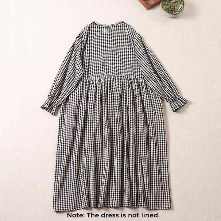 Buddha Stones Long Sleeve Plaid Simple Buttons Ruffled Design Midi Dress With Pockets - image 7