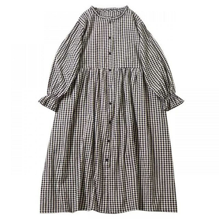 Buddha Stones Long Sleeve Plaid Simple Buttons Ruffled Design Midi Dress With Pockets - image 19