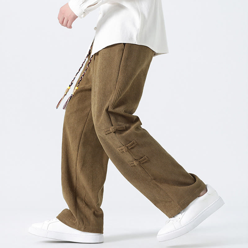 Buddha Stones Plain Chinese Frog-Button Design Drawstring Men's Corduroy Pants With Pockets - image 3