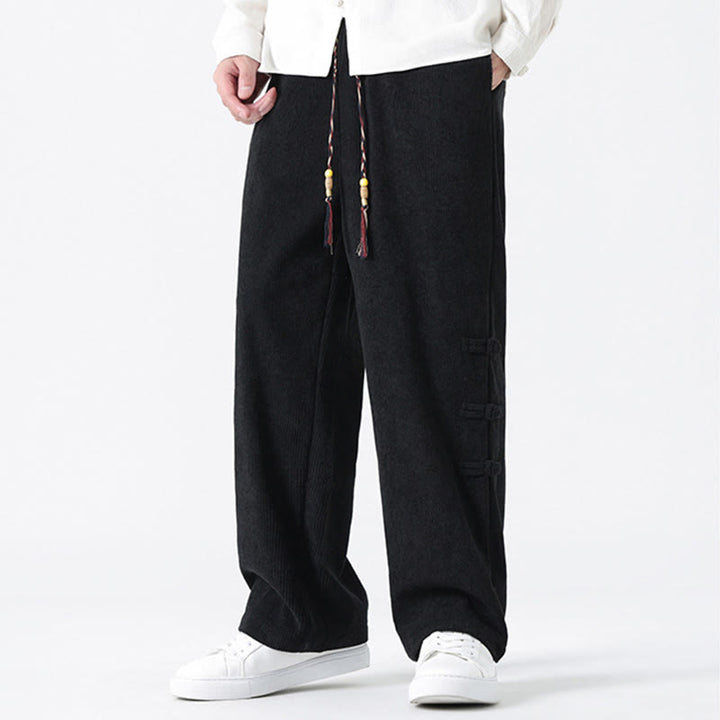 Buddha Stones Plain Chinese Frog-Button Design Drawstring Men's Corduroy Pants With Pockets - image 14