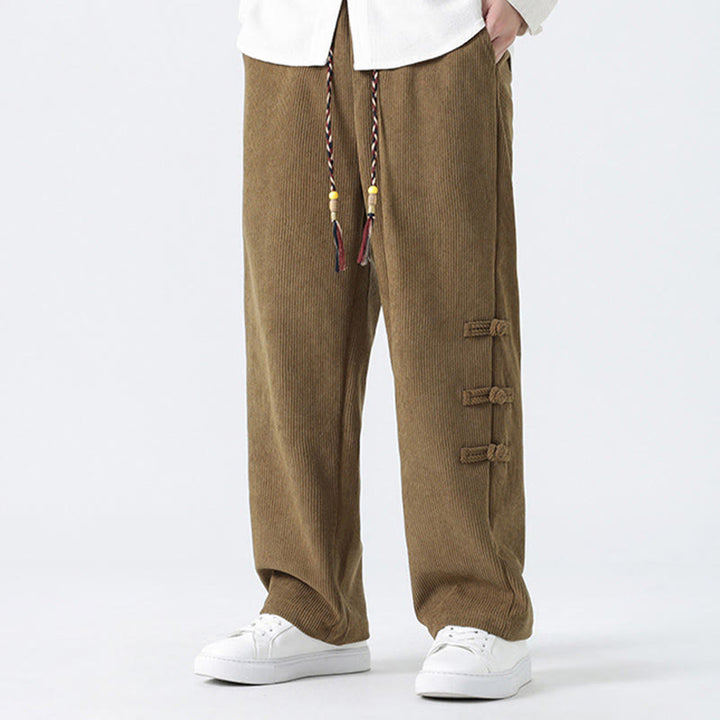 Buddha Stones Plain Chinese Frog-Button Design Drawstring Men's Corduroy Pants With Pockets - image 6