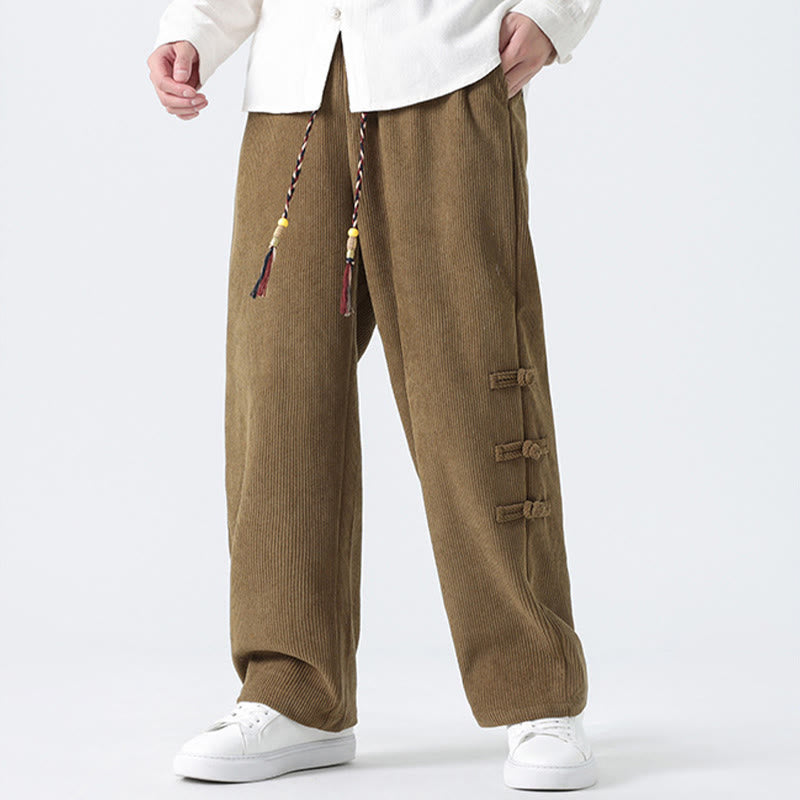 Buddha Stones Plain Chinese Frog-Button Design Drawstring Men's Corduroy Pants With Pockets - image 4