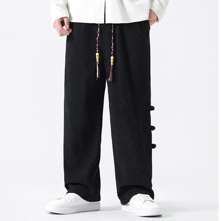 Buddha Stones Plain Chinese Frog-Button Design Drawstring Men's Corduroy Pants With Pockets - image 17
