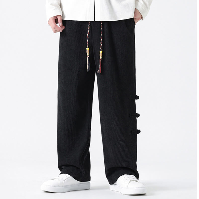 Buddha Stones Plain Chinese Frog-Button Design Drawstring Men's Corduroy Pants With Pockets - image 17