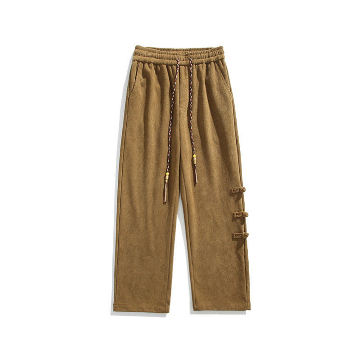 Buddha Stones Plain Chinese Frog-Button Design Drawstring Men's Corduroy Pants With Pockets - image 11