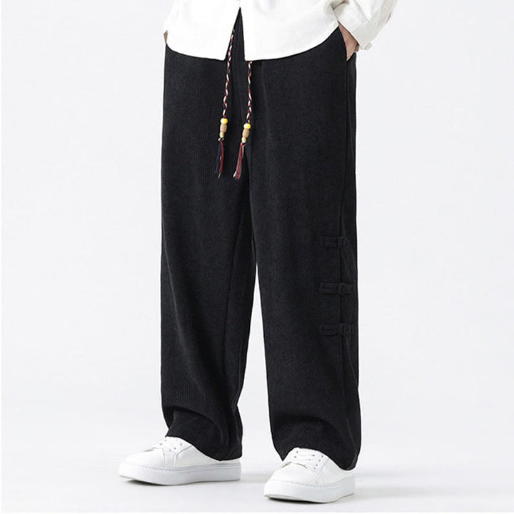 Buddha Stones Plain Chinese Frog-Button Design Drawstring Men's Corduroy Pants With Pockets - image 14