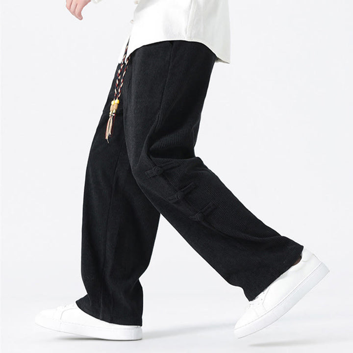 Buddha Stones Plain Chinese Frog-Button Design Drawstring Men's Corduroy Pants With Pockets - image 16