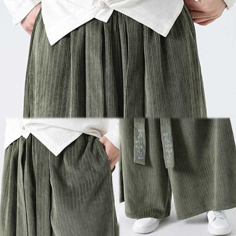 Buddha Stones Casual Embroidery Drawstring Design Men's Corduroy Wide Leg Pants With Pockets - image 11