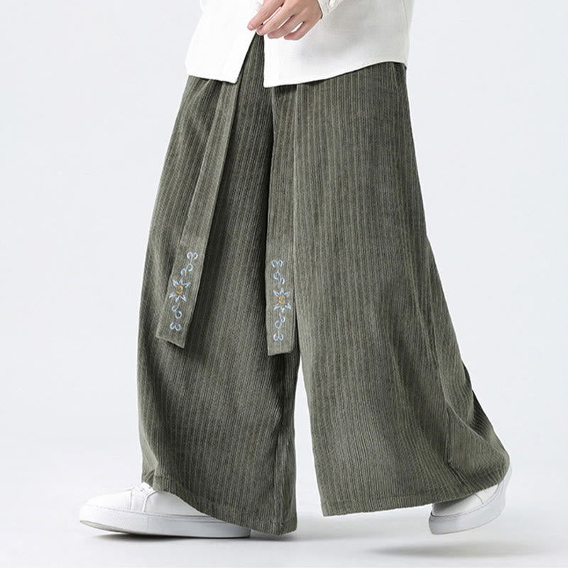 Buddha Stones Casual Embroidery Drawstring Design Men's Corduroy Wide Leg Pants With Pockets - image 3
