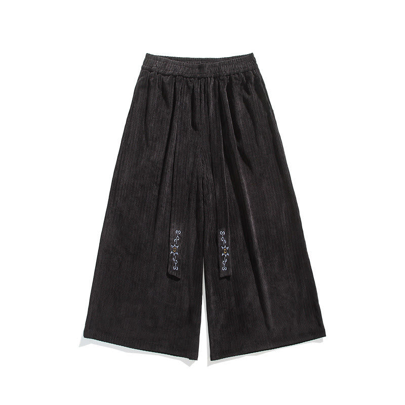 Buddha Stones Casual Embroidery Drawstring Design Men's Corduroy Wide Leg Pants With Pockets - image 21