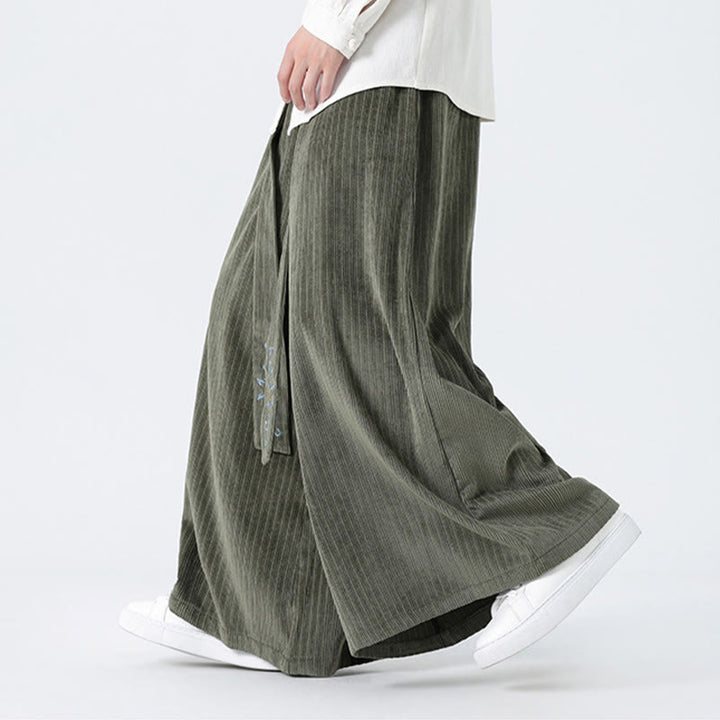 Buddha Stones Casual Embroidery Drawstring Design Men's Corduroy Wide Leg Pants With Pockets - image 1