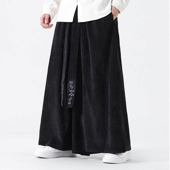 Buddha Stones Casual Embroidery Drawstring Design Men's Corduroy Wide Leg Pants With Pockets - image 18
